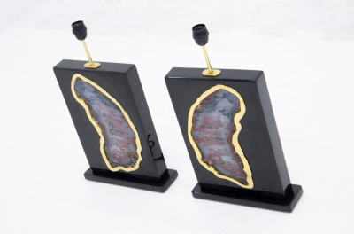 Stan Usel Pair of tables lamps black resin inlay huge agates by Stan Usel