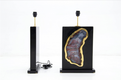 Stan Usel Pair of tables lamps black resin inlay huge agates by Stan Usel