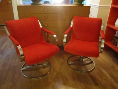 Steelcase Co Chrome Steelcase Swivel Lounge Chairs Mid Century Orange Mohair