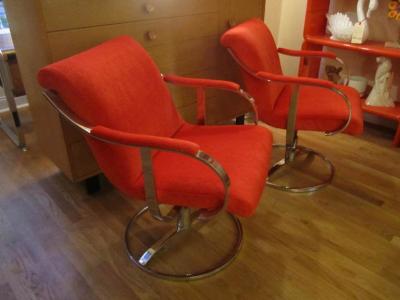 Steelcase Co Chrome Steelcase Swivel Lounge Chairs Mid Century Orange Mohair