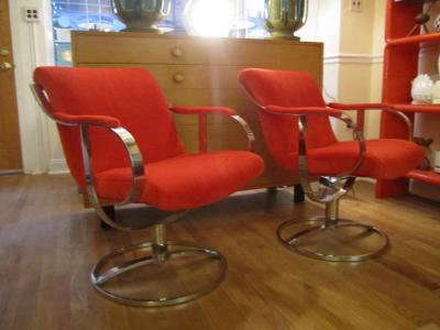 Steelcase Co Chrome Steelcase Swivel Lounge Chairs Mid Century Orange Mohair