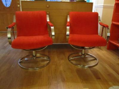 Steelcase Co Chrome Steelcase Swivel Lounge Chairs Mid Century Orange Mohair