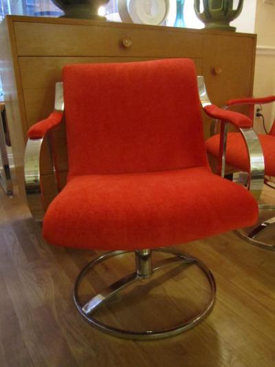 Steelcase Co Chrome Steelcase Swivel Lounge Chairs Mid Century Orange Mohair