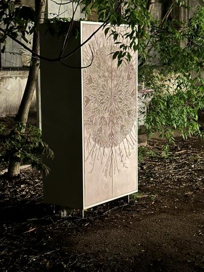 Stefan Buxbaum CROCHET PLANET concrete cupboard with rose pigment
