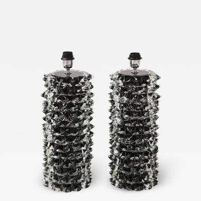 Stefano Toso Pair of Clear and Black Rostrato Murano Glass Lamps by Toso Italy 2022 Signed