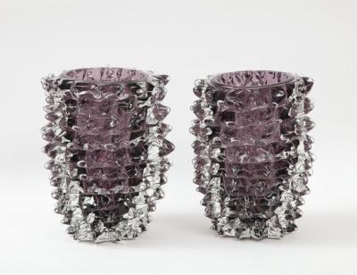 Stefano Toso Pair of Clear and Purple Rostrato Murano Glass Vases by Toso Italy 2022 Signed