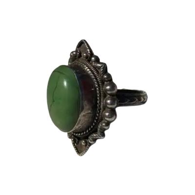 Sterling Silver Ring with Large Green Howlite Cabochon and Ornate Boho Setting