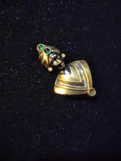 Sterling Silver and Gold Plated Brooch of Moor Wearing Tuban w Green Stones