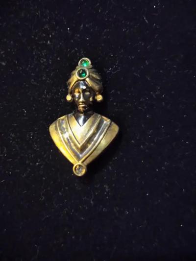 Sterling Silver and Gold Plated Brooch of Moor Wearing Tuban w Green Stones