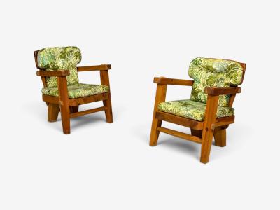 Stig Sandqvist Brutalist Lounge Chairs Pine Green Fabric Sweden 1960s