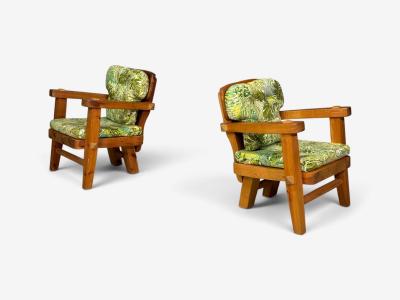 Stig Sandqvist Brutalist Lounge Chairs Pine Green Fabric Sweden 1960s