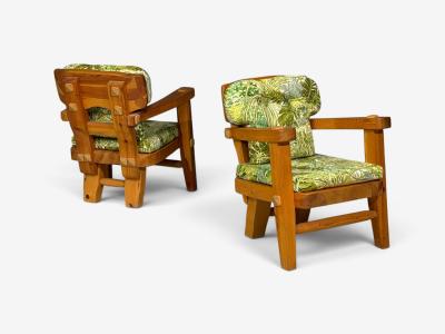 Stig Sandqvist Brutalist Lounge Chairs Pine Green Fabric Sweden 1960s