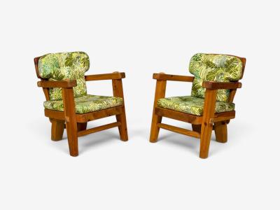 Stig Sandqvist Brutalist Lounge Chairs Pine Green Fabric Sweden 1960s