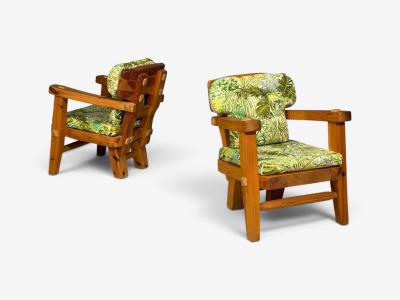 Stig Sandqvist Brutalist Lounge Chairs Pine Green Fabric Sweden 1960s