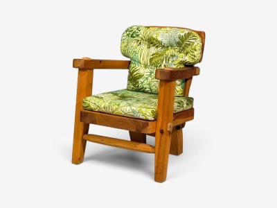 Stig Sandqvist Brutalist Lounge Chairs Pine Green Fabric Sweden 1960s