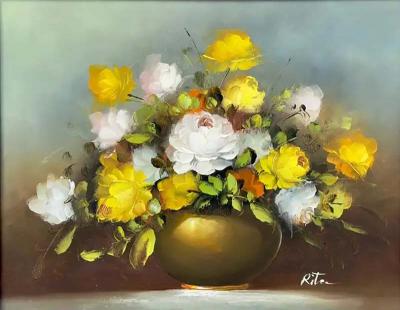 Still Life Oil on Canvas painting of White and Yellow Roses Signed