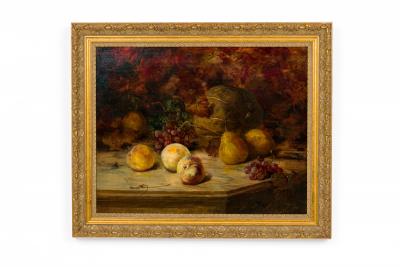 Still Life Painting of Peaches Pears Grapes and Melon in a Giltwood Frame