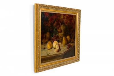 Still Life Painting of Peaches Pears Grapes and Melon in a Giltwood Frame