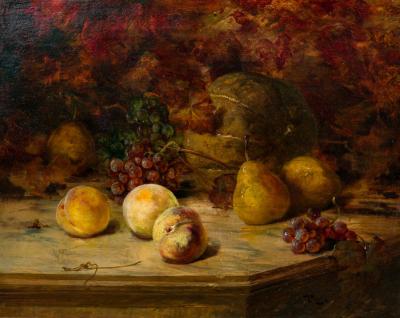 Still Life Painting of Peaches Pears Grapes and Melon in a Giltwood Frame