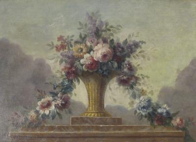 Still Life of Flowers in Basket on Ledge