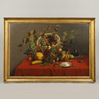 Still Life of Fruit on a Table Top with Red Cloth