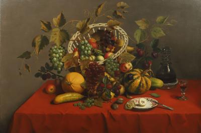 Still Life of Fruit on a Table Top with Red Cloth