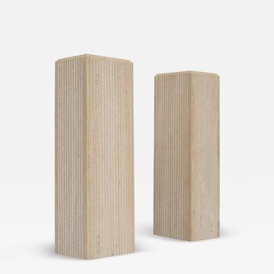 Stone International Pair Vintage Italian Stone International Tall Fluted Travertine Marble Pedestals