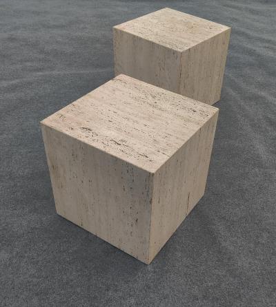 Stone International Pair of Vintage Mid Century Modern Travertine Cube Form Side or End Tables