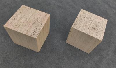 Stone International Pair of Vintage Mid Century Modern Travertine Cube Form Side or End Tables