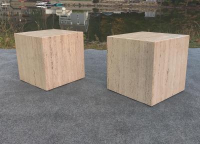 Stone International Pair of Vintage Mid Century Modern Travertine Cube Form Side or End Tables