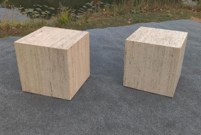 Stone International Pair of Vintage Mid Century Modern Travertine Cube Form Side or End Tables