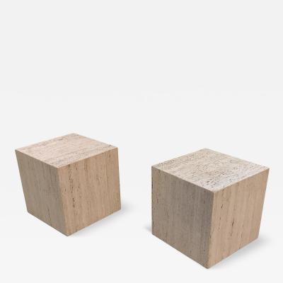 Stone International Pair of Vintage Mid Century Modern Travertine Cube Form Side or End Tables
