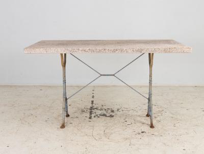 Stone Topped Dining Table with Blue Trestle Iron Base France mid 20th c