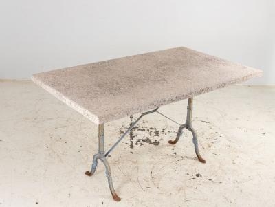 Stone Topped Dining Table with Blue Trestle Iron Base France mid 20th c