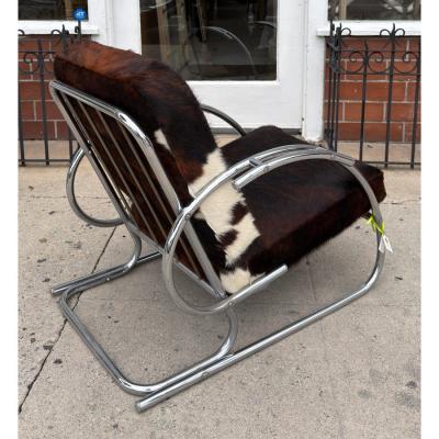 Streamline Moderne Art Deco Tubular Chrome Chair W Cowhide Leather