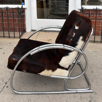 Streamline Moderne Art Deco Tubular Chrome Chair W Cowhide Leather