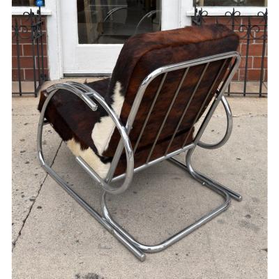 Streamline Moderne Art Deco Tubular Chrome Chair W Cowhide Leather