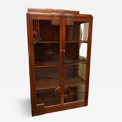 Streamlined Art Deco Display Vitrine with Geometric Woodwork and Glass Shelves
