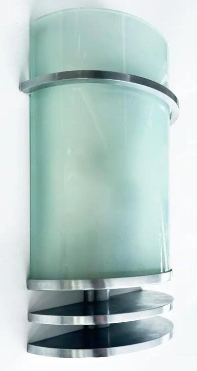 Streamlined Moderne Stainless Indoor Outdoor Wall Sconces Pair