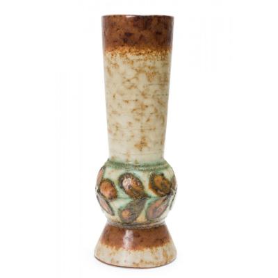 Strehla East German Mid Century Raised Green Floral Design Brown and Beige Glaze