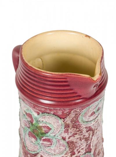 Strehla Keramik East German Mid Century Green and Beige Floral Burgundy Glazed C