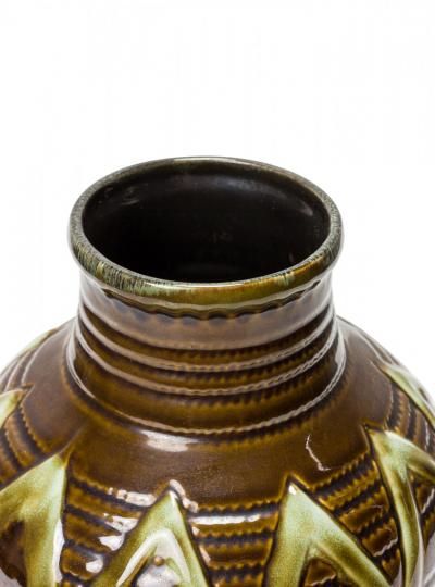 Strehla Keramik East German Mid Century Ribbed Green Zig Zag Pattern Brown Glaze