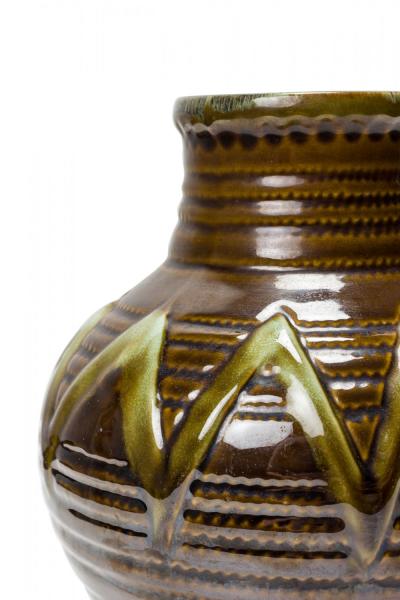 Strehla Keramik East German Mid Century Ribbed Green Zig Zag Pattern Brown Glaze