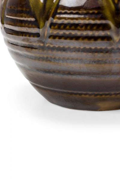 Strehla Keramik East German Mid Century Ribbed Green Zig Zag Pattern Brown Glaze