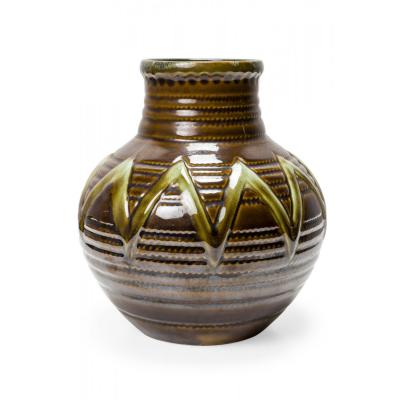 Strehla Keramik East German Mid Century Ribbed Green Zig Zag Pattern Brown Glaze
