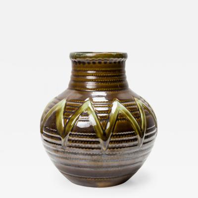 Strehla Keramik East German Mid Century Ribbed Green Zig Zag Pattern Brown Glaze