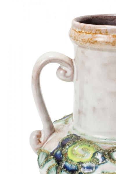 Strehla Keramik East German Raised Green and Blue Floral Pattern and Beige Glaze