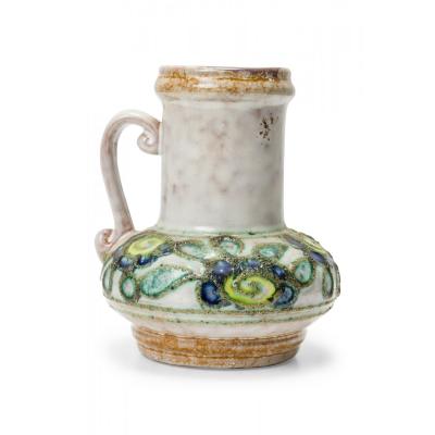 Strehla Keramik East German Raised Green and Blue Floral Pattern and Beige Glaze