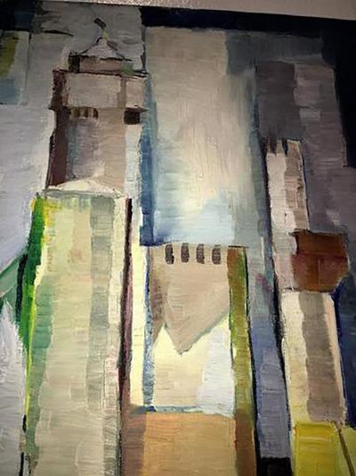 Striking Art Deco Modernist Cubist Building Painting