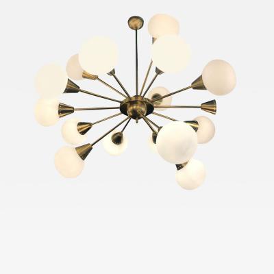 Striking Brass and Opaline Murano Glass Large Sputnik Chandelier Italy 1970